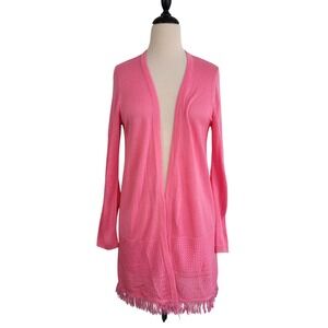 Talbots Pink Fringe Hem Open Front Cardigan M Lightweight Vacation Resort Summer